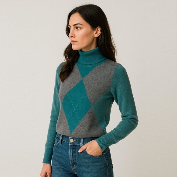 Y2K Argyle Turtleneck Sweater – Teal & Gray Cotton, Preppy Retro- Not worn - Picture 7 of 13